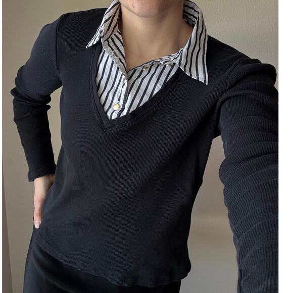 Lauren Ralph Lauren y2k knit sweater button down layered stripe black white work - Picture 1 of 9